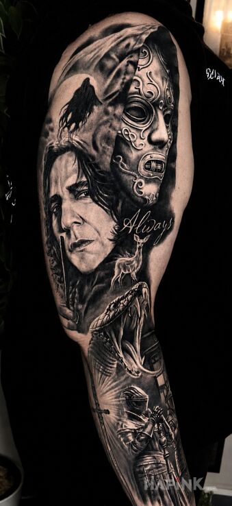 Tattoo Harry Potter Sleeve — Snape and the inscription "Always" — black & grey in animals motif and realistic style on the upper arm