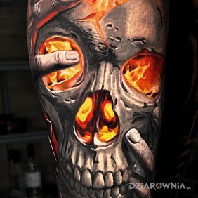 Tatuaż Płonąca czaszka w dłoniach na nodze motyw: 3D styl: realistyczne