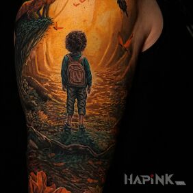 Tattoo Boy in an autumn forest with a fox and a bird on the upper arm motif: 3D style: realistic