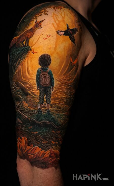Tattoo Chłopiec w jesiennym lesie z lisem i ptakiem in animals motif and realistic style on the upper arm