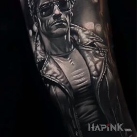 Tattoo Terminator in a leather jacket and sunglasses — black & grey On the arm motif: science fiction style: realistic
