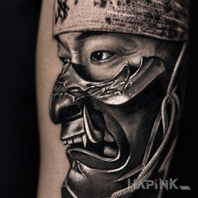 Tattoo Samurai in Oni Mask with Headband — Black & Grey On the arm motif: fantasy style: realistic