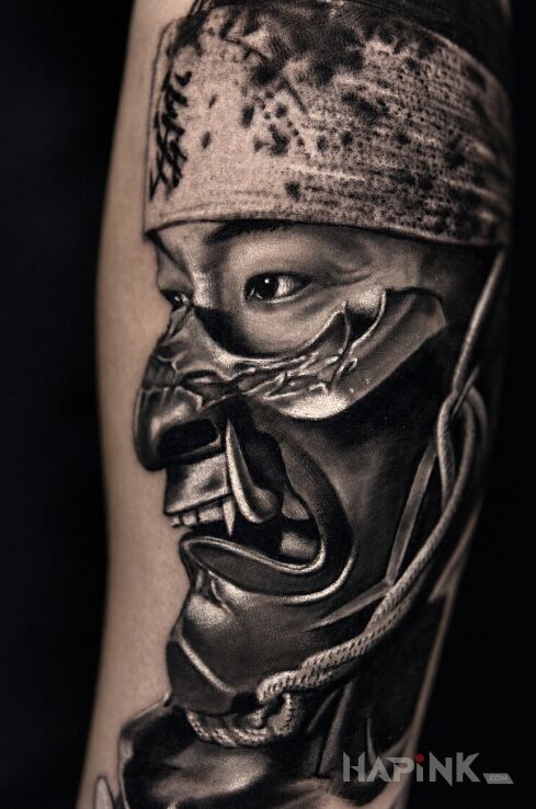 Tattoo Samurai in Oni Mask with Headband — Black & Grey in dark motif and realistic style on the forearm