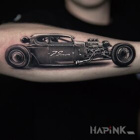 Tattoo Hot rod — classic car in black & grey color scheme on the forearm motif: objects style: realistic