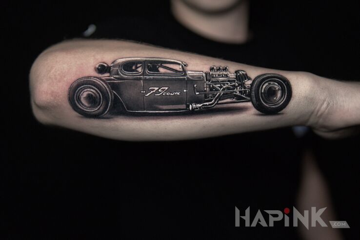 Tattoo Hot rod — classic car in black & grey color scheme in black and gray motif and realistic style on the forearm