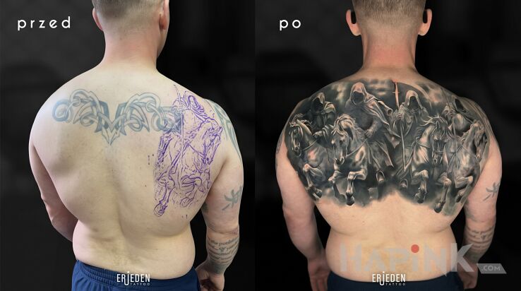 Tattoo Four Dark Horsemen on Horses in dark motif and realistic style on the back