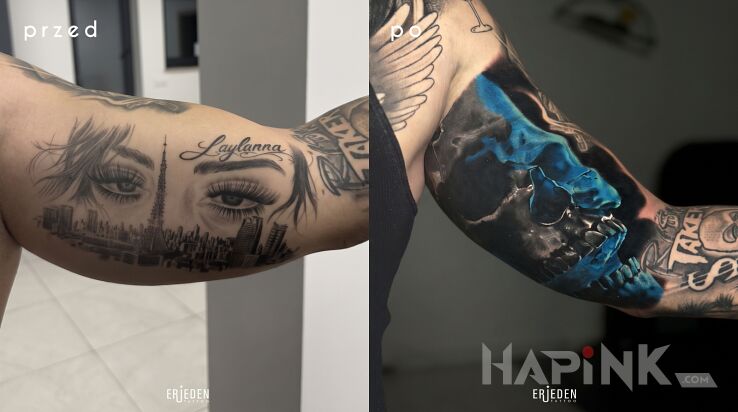 Tattoo Była zniknęła z życia, więc znika też ze skóry! in dark motif and realistic style On the arm