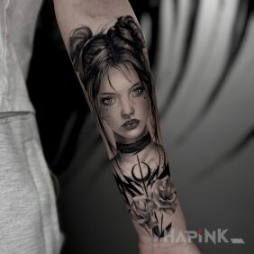 Tattoo Portrait of a Woman with Roses – Black & Grey On the arm motif: faces style: realistic
