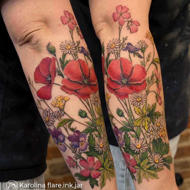 Tattoo Two Sides of the Meadow in colorful motif and neo-traditional style on the forearm