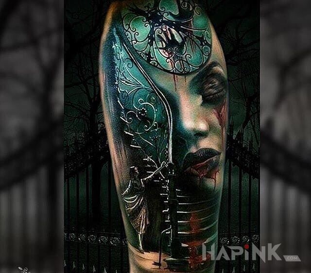 Tattoo Czuć tutaj horror in 3D motif and realistic style on the upper arm
