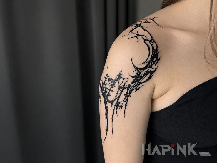 Tattoo Sketchy glitch on the arm in ornaments motif and abstract style on the upper arm