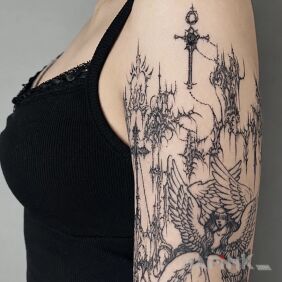 Tattoo Gothic seraph and cathedral on the upper arm motif: angels