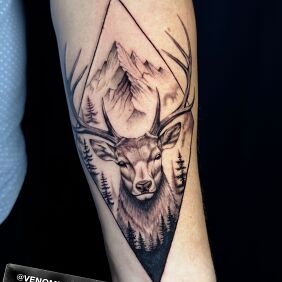 Tattoo Jeleń w górach On the arm motif: black and gray style: realistic