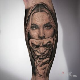 Tattoo Woman with Oni Mask — black & grey on the forearm motif: black and gray style: realistic