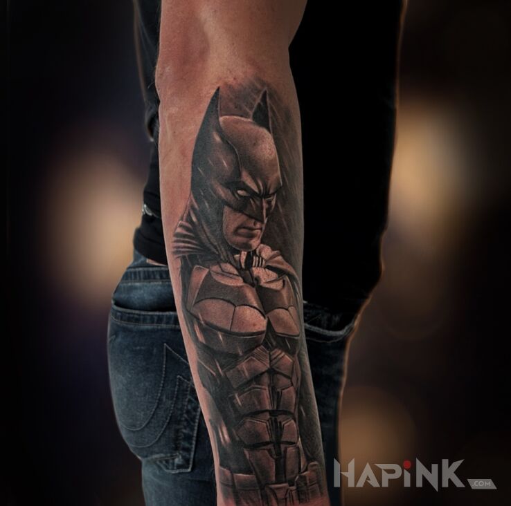 Tattoo Batman — black & grey in black and gray motif and realistic style on the forearm