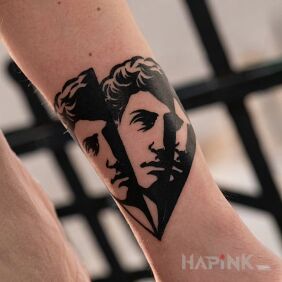 Tattoo Triple graphic face of David On the arm motif: dark style: blackwork / blackout