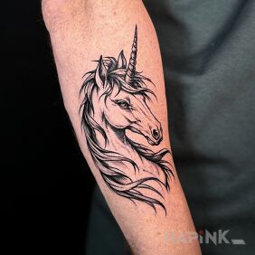 Tattoo Unicorn with Attitude on the upper arm motif: fantasy style: graphic / illustrative