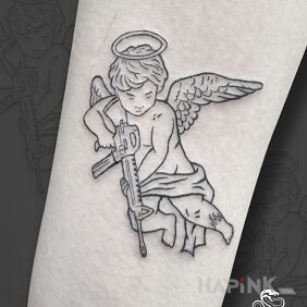 Tattoo Angel with a Rifle | Edgy Fineline on the forearm motif: funny style: contour / linework