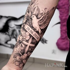 Tattoo Dove, Cross and Flowers on the forearm motif: flowers style: realistic