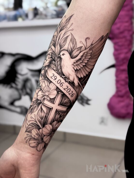 Tattoo Dove, Cross and Flowers in black and gray motif and realistic style on the forearm