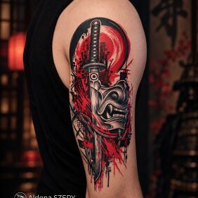 Tattoo Duch spod maski on the upper arm motif: colorful style: graphic / illustrative
