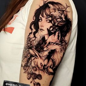 Tattoo Kobieta z lisem i królikiem On the arm motif: dark style: graphic / illustrative