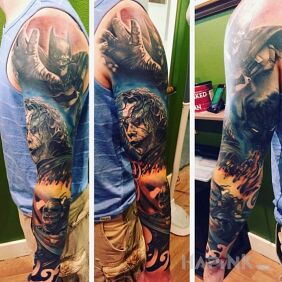 Tattoo Why so serious? on the upper arm motif: characters