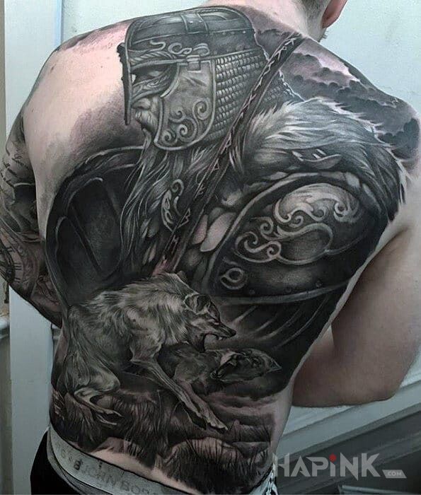 Tattoo Wojownik in characters motif and realistic style on the back