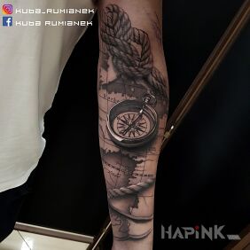 Tattoo Compass on the forearm motif: 3D style: realistic