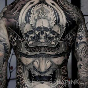 Tattoo Samurai mask on the back motif: skulls style: japanese / irezumi