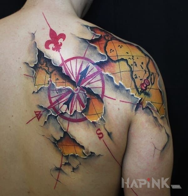 Tattoo Mapa in colorful motif on the upper arm