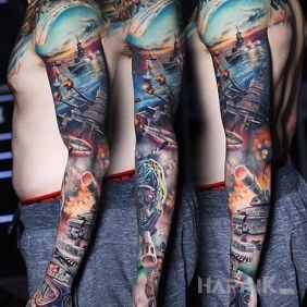 Tattoo The face of war on the forearm motif: colorful style: realistic