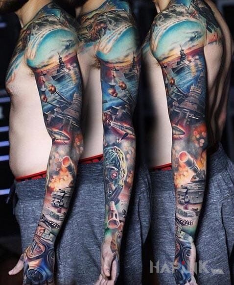 Tattoo Oblicze wojny in colorful motif and realistic style on the hand