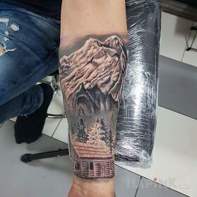 Tattoo A small oasis in the mountains on the forearm motif: 3D style: realistic