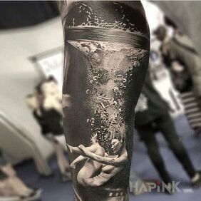 Tattoo Splash on the forearm motif: characters style: realistic