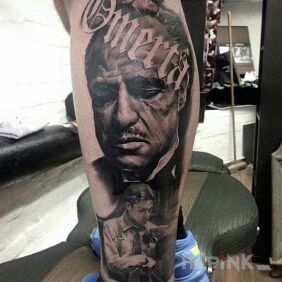 Tattoo Omerta on the calf motif: faces style: realistic