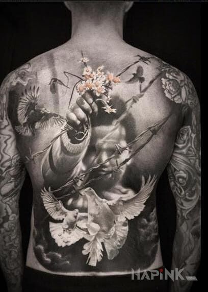 Tattoo Za drutem kolczastym in characters motif and realistic style on the back