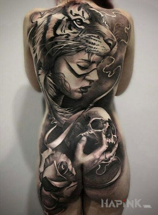 Tattoo Ogromna dziara in faces motif and realistic style on the buttocks