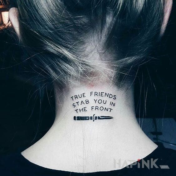 Tattoo O przyjaciolach in lettering motif on the nape