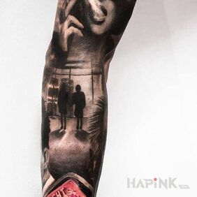 Tattoo Fight Club on the upper arm motif: 3D style: realistic