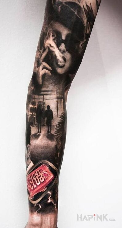 Tattoo Fight Club in sleeves motif and realistic style on the upper arm