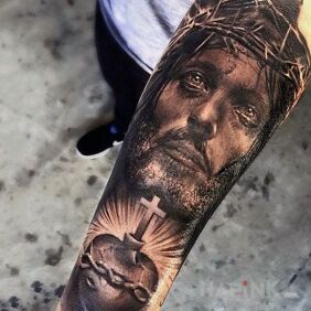 Tattoo Christ on the forearm motif: 3D style: realistic