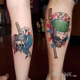 Tattoo Harley and Joker on the calf motif: colorful