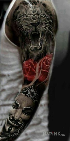 Tattoo V jak vendetta in sleeves motif on the upper arm