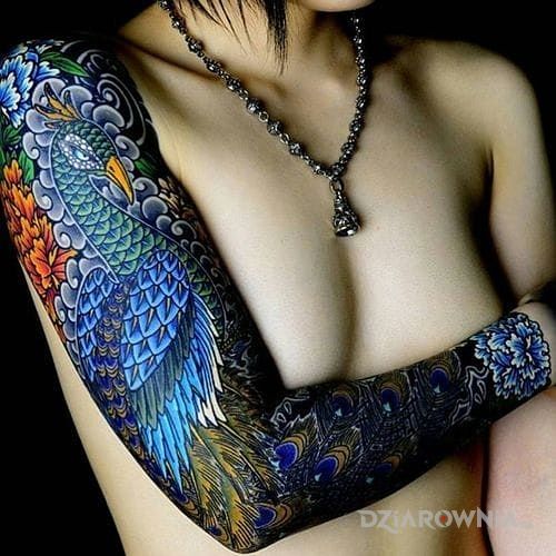 Tatuaż kolorowy paw w motywie rękawy na przedramieniu