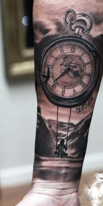 Tattoo Huśtawka in characters motif and realistic style on the forearm