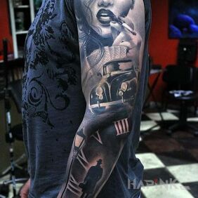 Tattoo The old days on the forearm motif: sleeves style: realistic