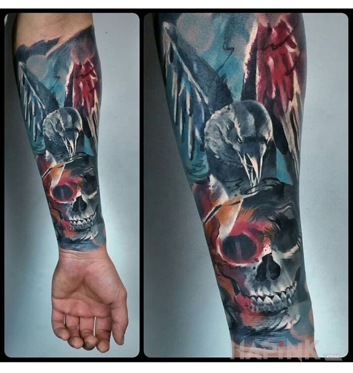 Tattoo Skull and raven in colorful motif on the forearm