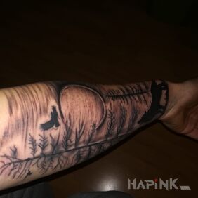 Tattoo We're going up on the forearm motif: black and gray style: graphic / illustrative