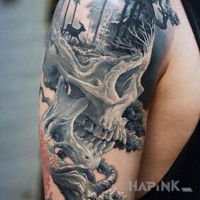 Tattoo Skull and Deer on the upper arm motif: 3D style: realistic